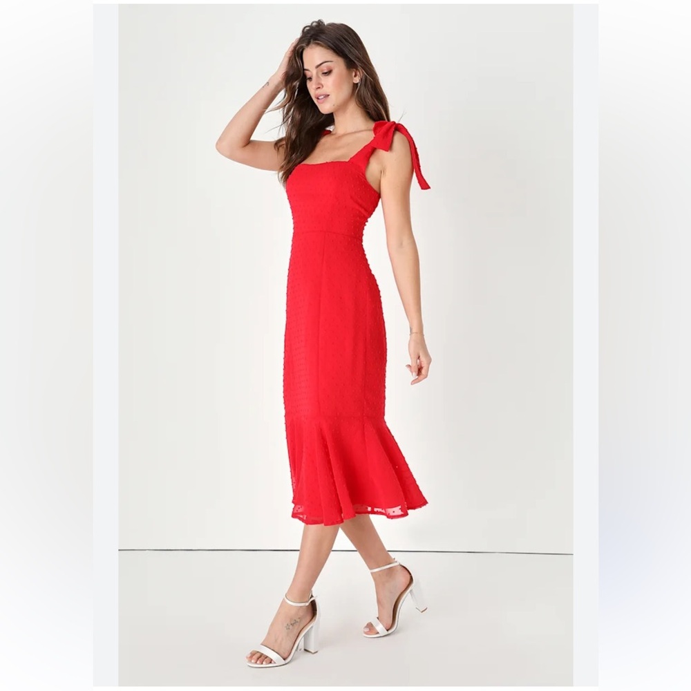 Lulu's Vibrant Red Swiss Dot Bow Shoulder ties Midi Dress